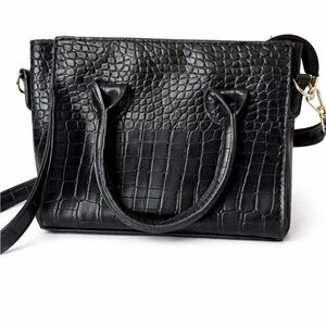 Croc-Embossed Black Mini Satchel Handbag